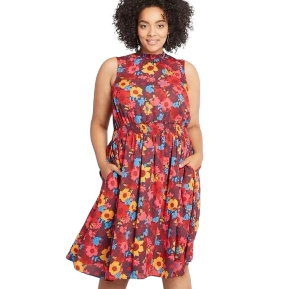 Modcloth Womens Multicolor Floral High Neck Smocked Waist A-line Dress‎ Small